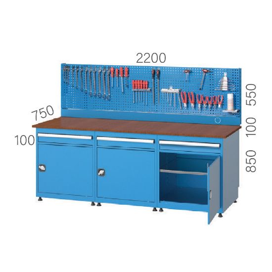 MIZA DELOVNA 2200x750x1500mm, 3 PREDALI, 3 VRATA, STENA ZA ORODJE, RAL5002