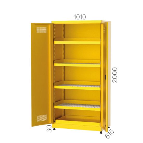 OMARA ZA KEMIKALIJE z zračniki, RAL1028, 5 polic, prestrezno korito 32l, 2000x10