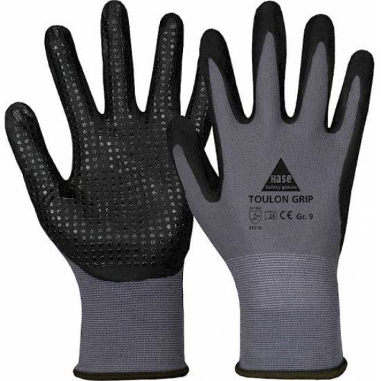 Rokavice večnamenske Toulon Grip s prevleko iz nitrilne pele, sivo-črno, Hase 50