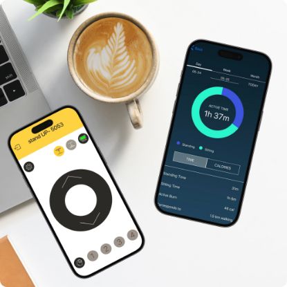 Slika Električna dvižna pisalna miza z ploščo iz bukovega lesa, svetlo siva